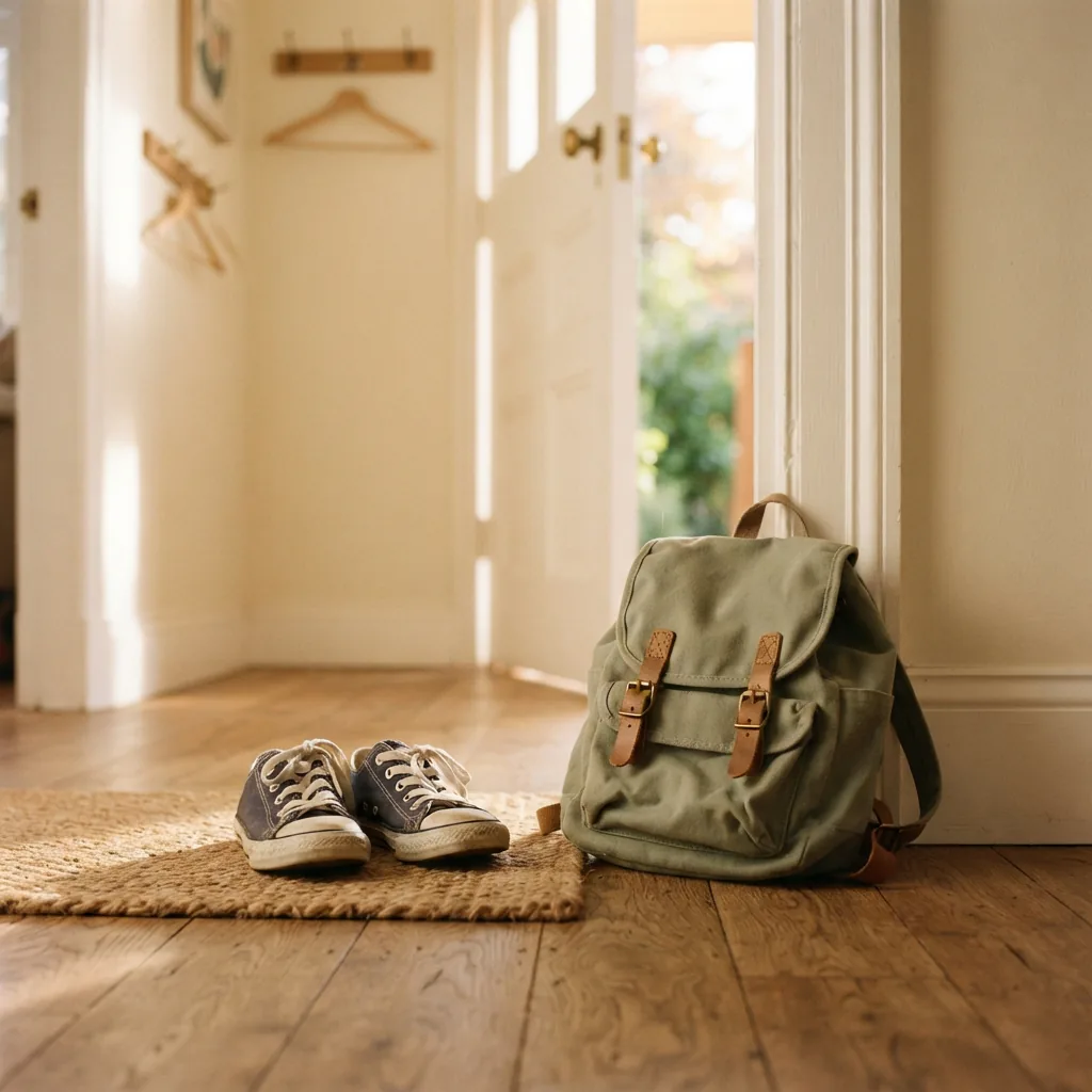 Children's sneakers placed beside a small canvas school backpack at a bright hallway door