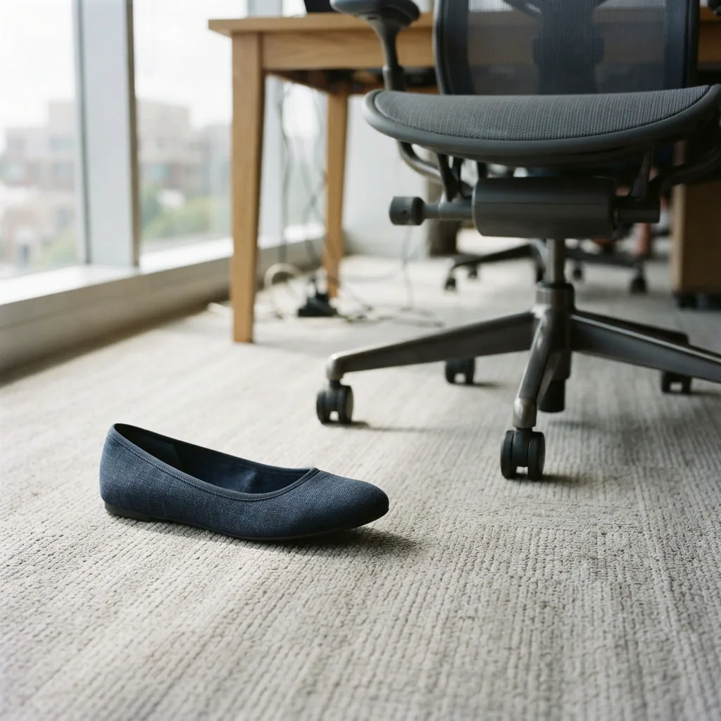 A ballet flat on an office floor beside a desk chair leg in daylight