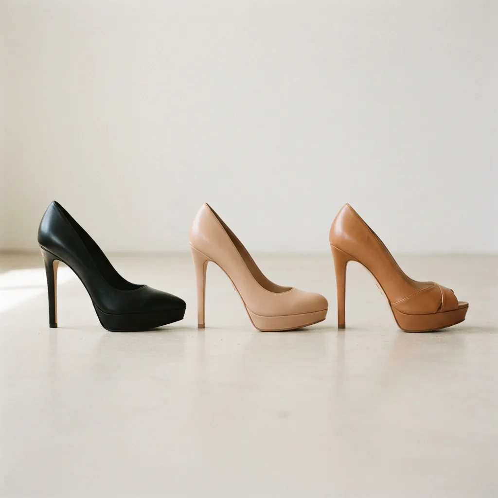 Three platform shoes with pointed, rounded and open toes lined up