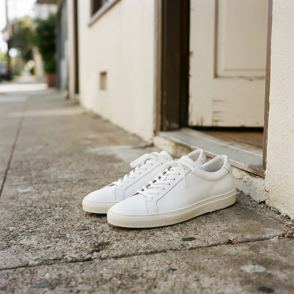 Leather walking sneakers resting on a city sidewalk near a doorway