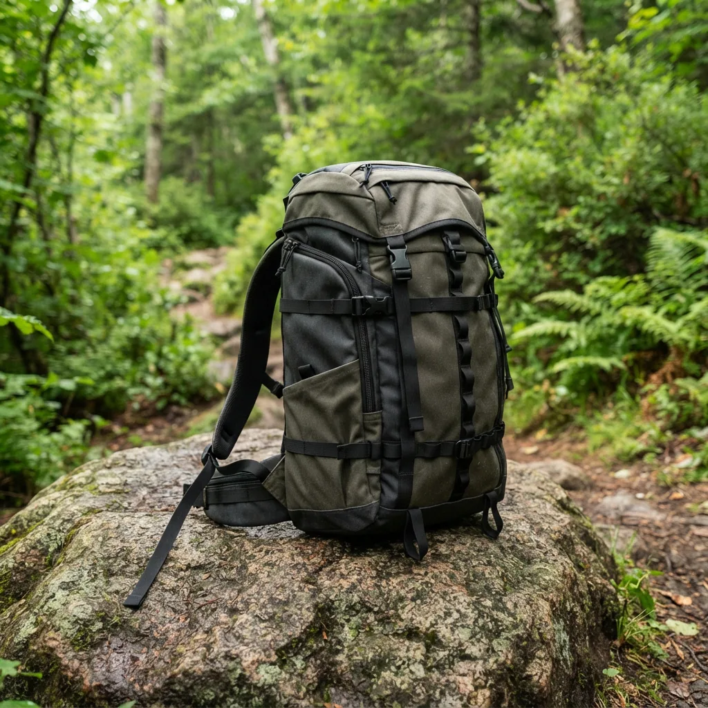 A water-resistant adventure backpack resting on a rock on a hiking trail