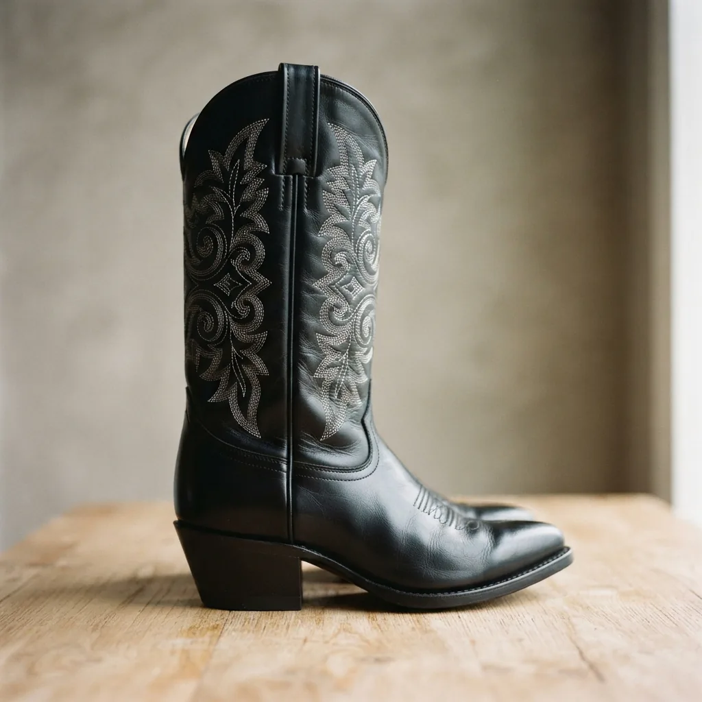 Black leather women's western cowboy boot with a dressier heel on a light wooden table