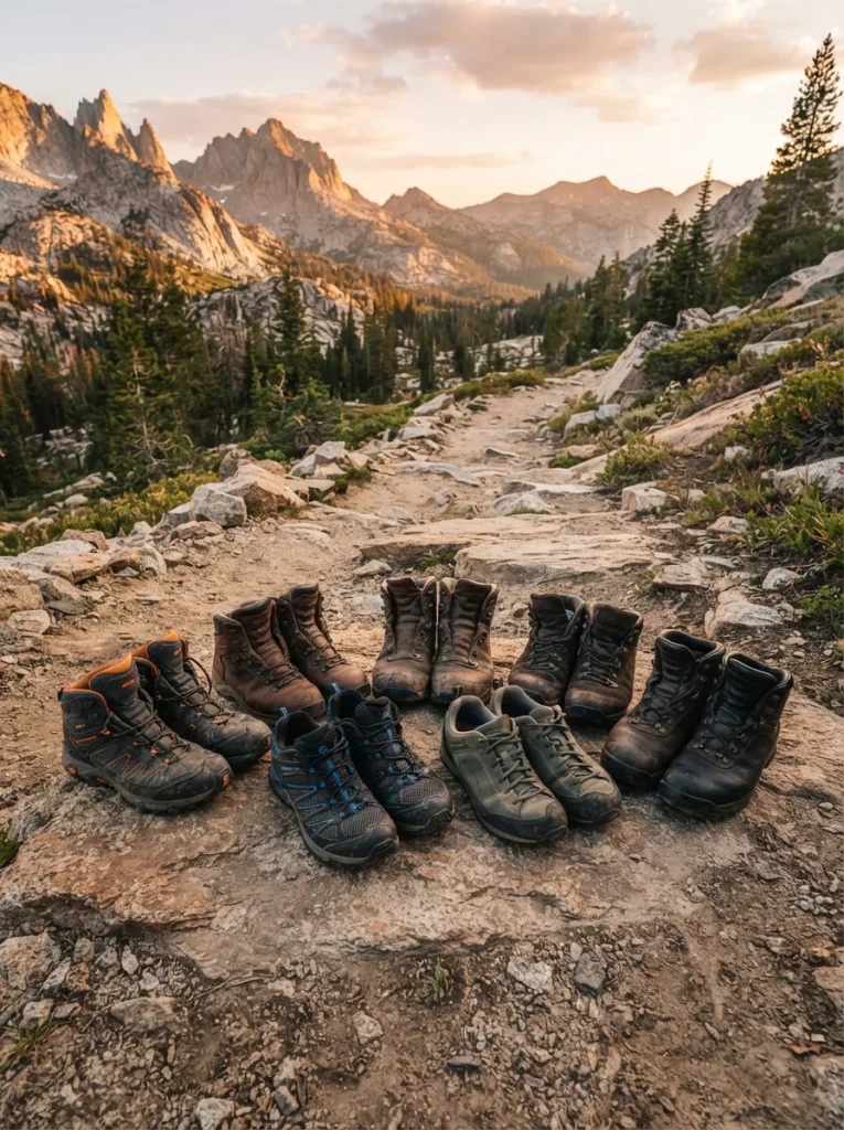 Assortment of hiking boots arranged on a rocky mountain trail at sunrise