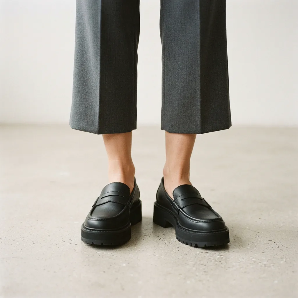 Platform sole loafers worn under cropped wide-leg trousers on a pale studio floor, visible from the knees down