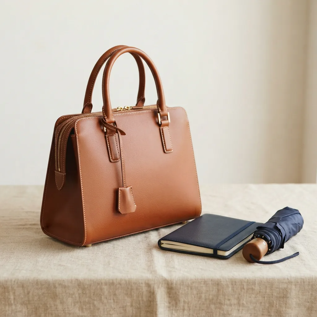 Structured satchel with top handles beside a folded agenda and compact umbrella on a light surface