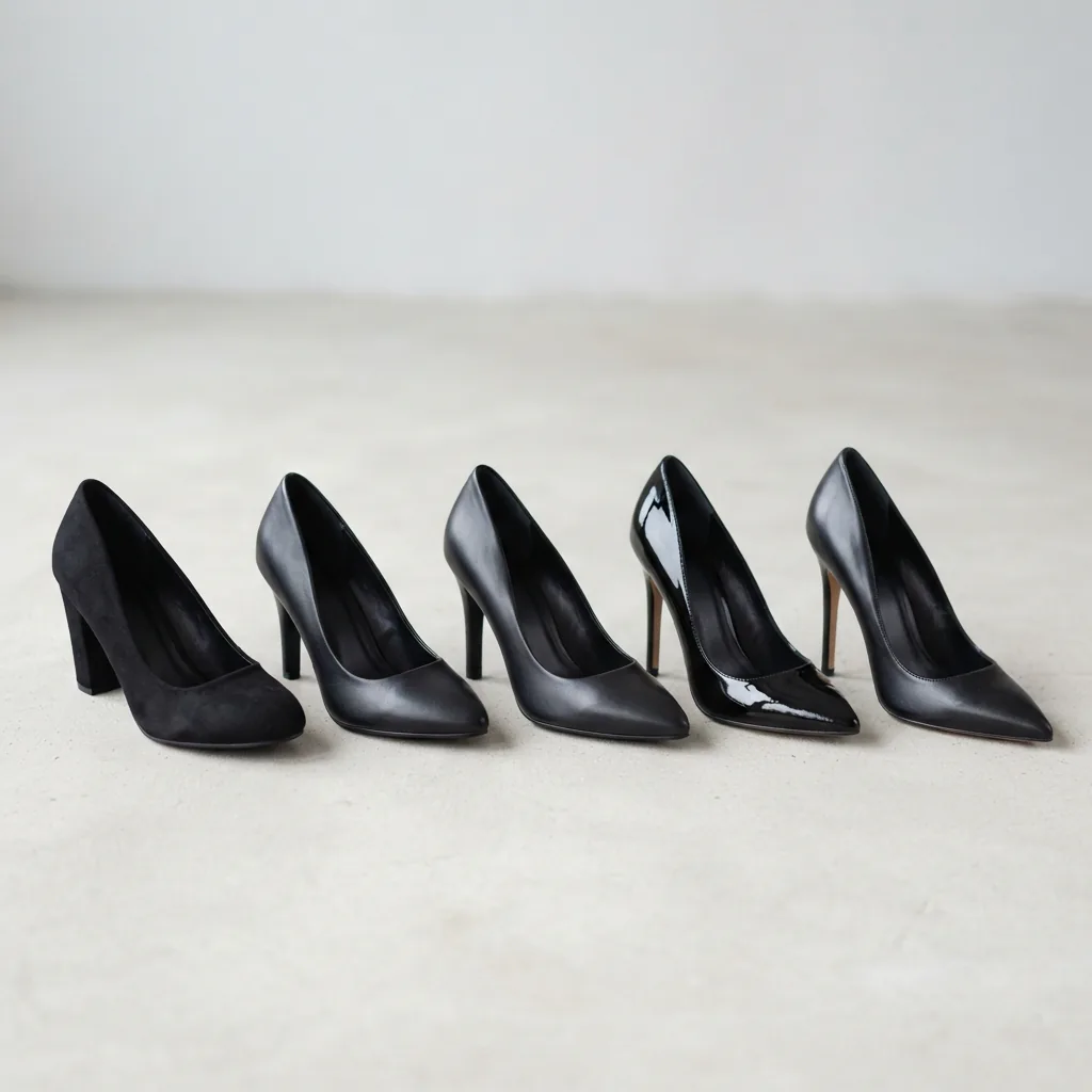 Black pumps arranged in a row by price on a light studio surface, budget pairs in front and a designer pair behind