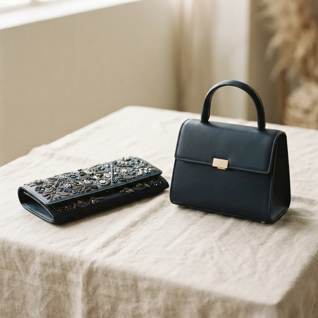 Dressy clutch bag and structured satchel bag grouped on a light surface