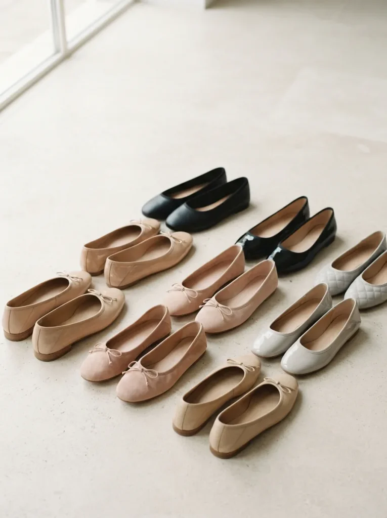 An assortment of women's ballet flats arranged in tidy rows on a pale studio surface