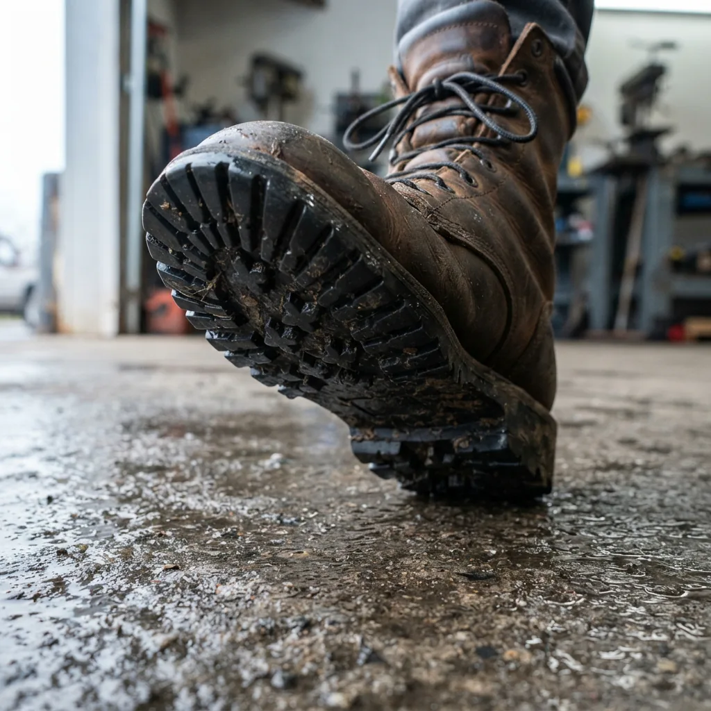 Close-up of a lugged rubber work boot outsole pressed against a wet concrete surface.