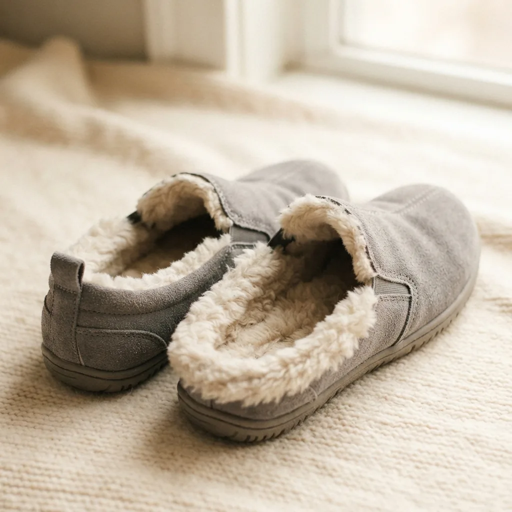 Soft grey DSW faux-fur lined slip-on shoes tipped to show plush lining