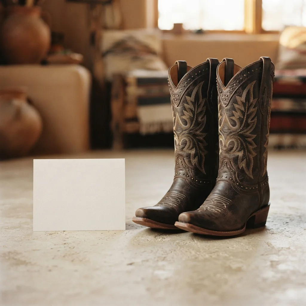 Embellished women's western cowboy boots beside a plain concert ticket on a light surface