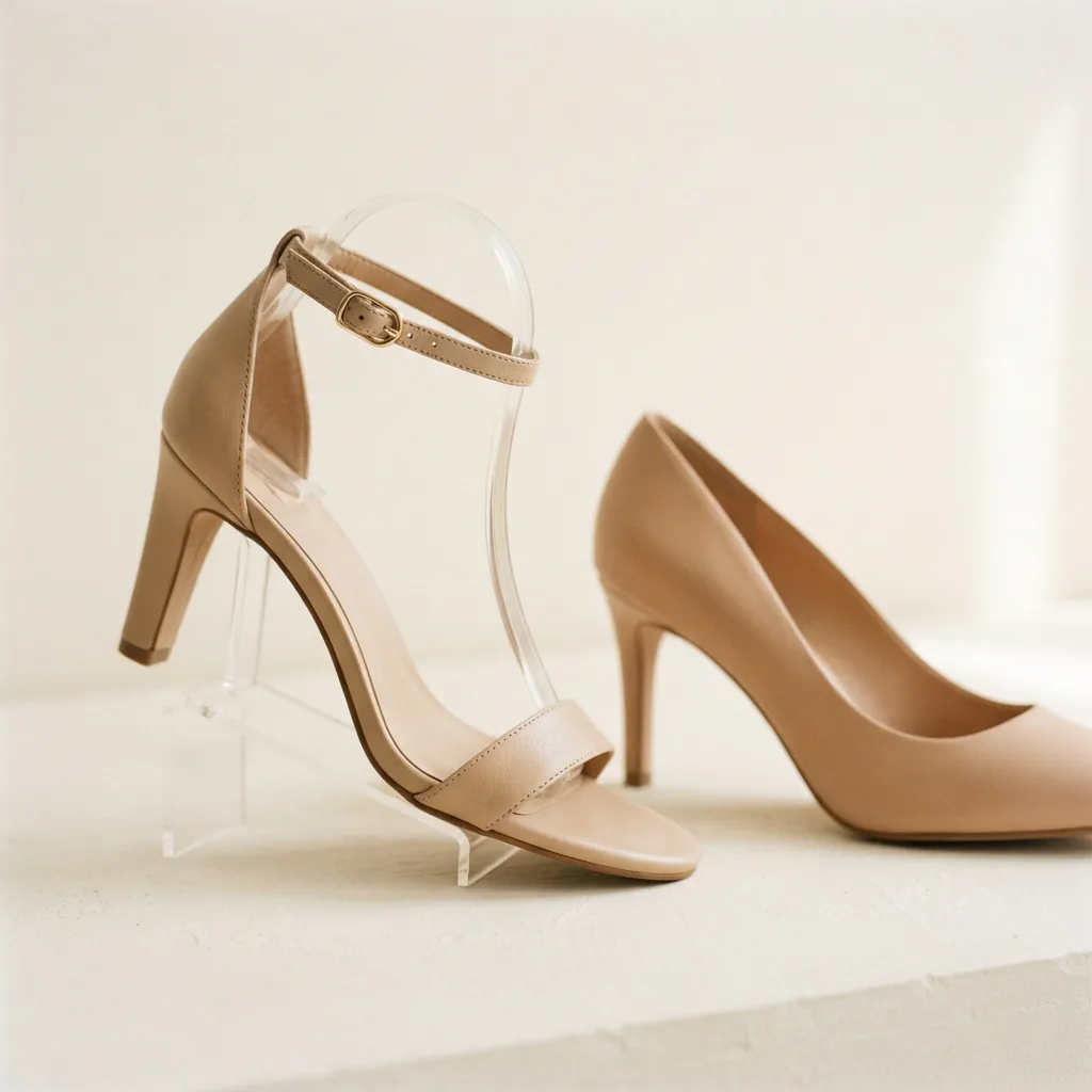 High heel with an ankle strap fastened beside a plain pump on a light surface
