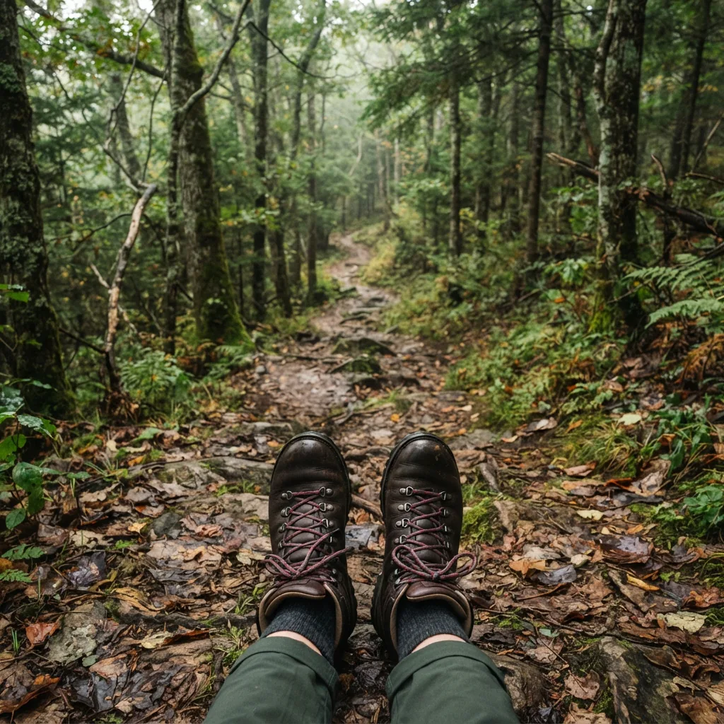 Hiker's view down a wooded day-hike trail with boots on the path