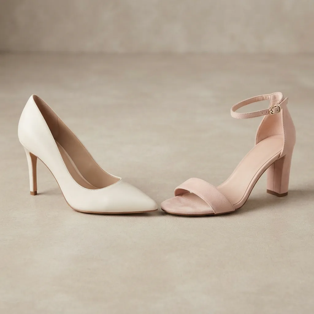 Pointed-toe and open-toe wedding shoes placed together on a neutral studio surface