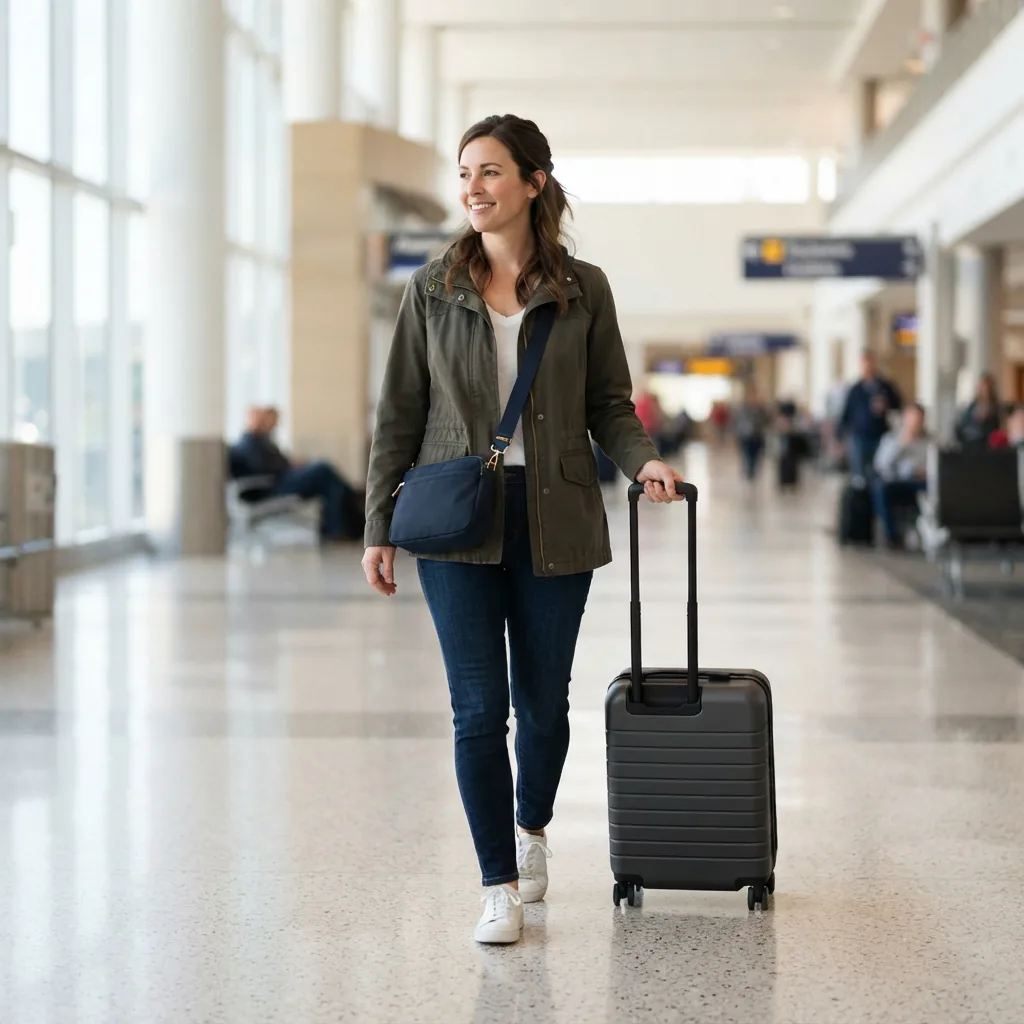 Adult traveler wearing a small convertible crossbody bag across the body while pulling a suitcase through an airport concourse.