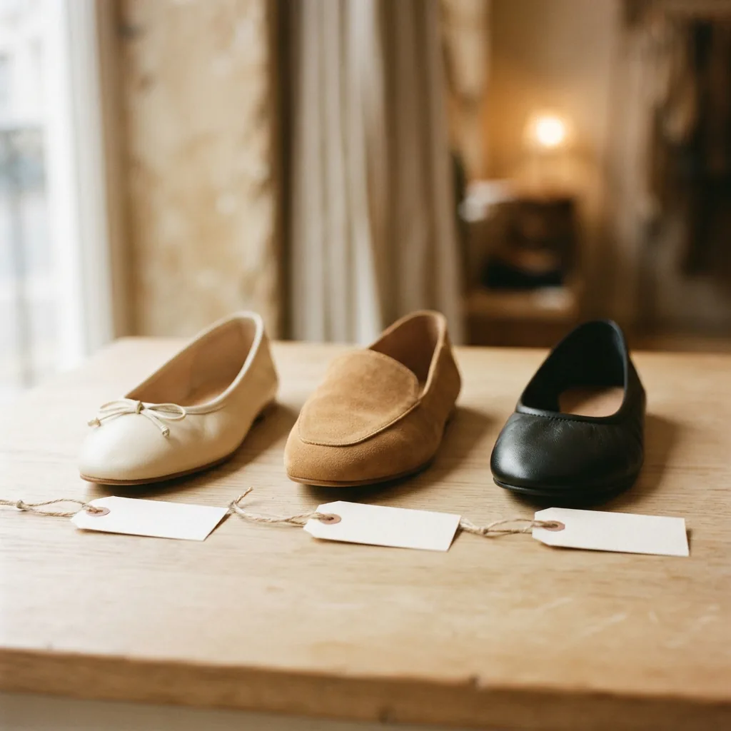 Three unbranded flats lined up beside blank paper tags on a pale wooden surface
