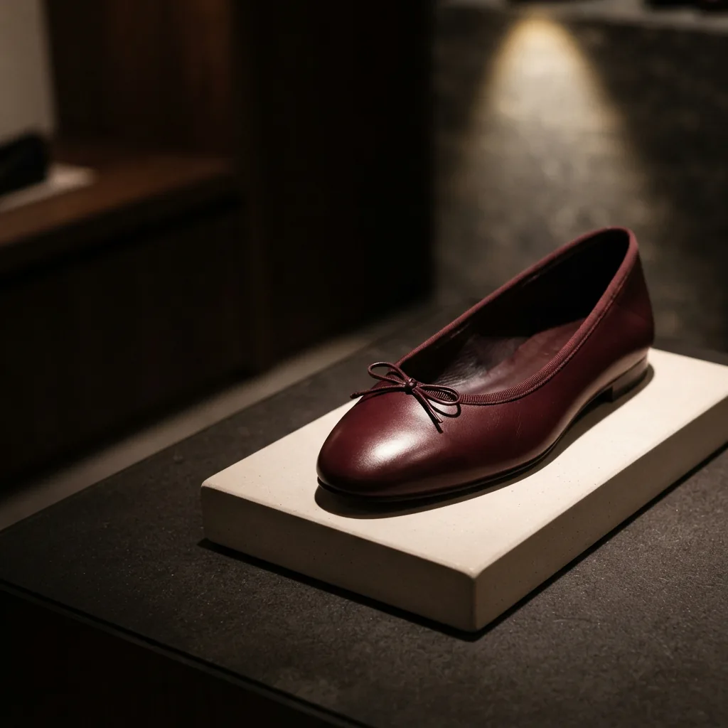 A polished ballet flat displayed on a small riser under warm focused light