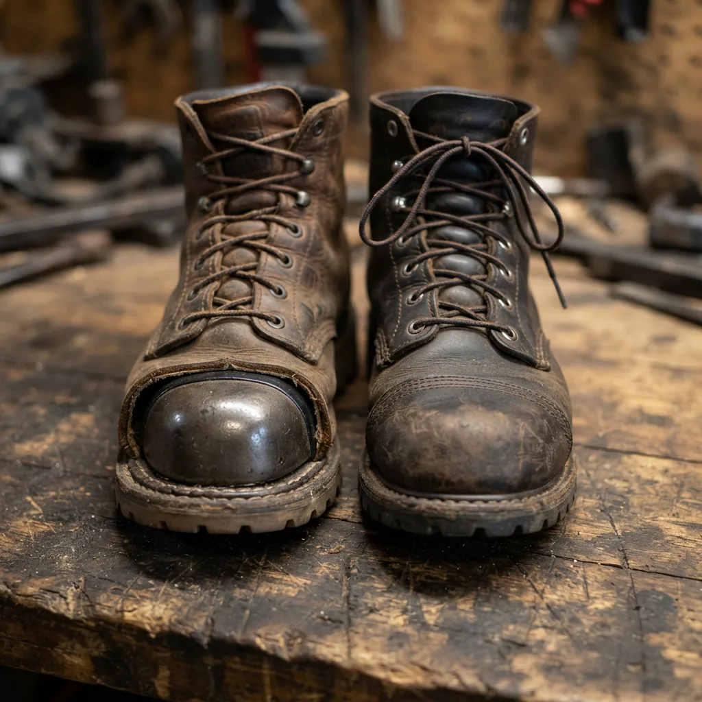 Close-up comparison of a steel toe cap and a soft toe work boot side by side on a workbench.