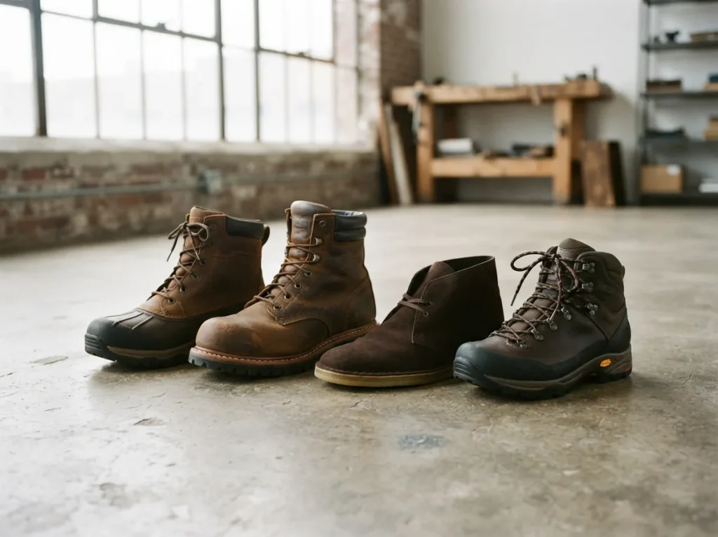Four men's boot types grouped on a concrete floor in a bright loft space