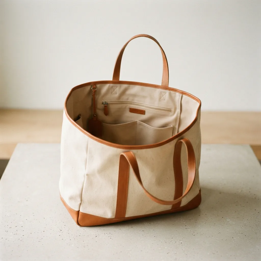 Large open tote bag with interior compartments on a neutral surface