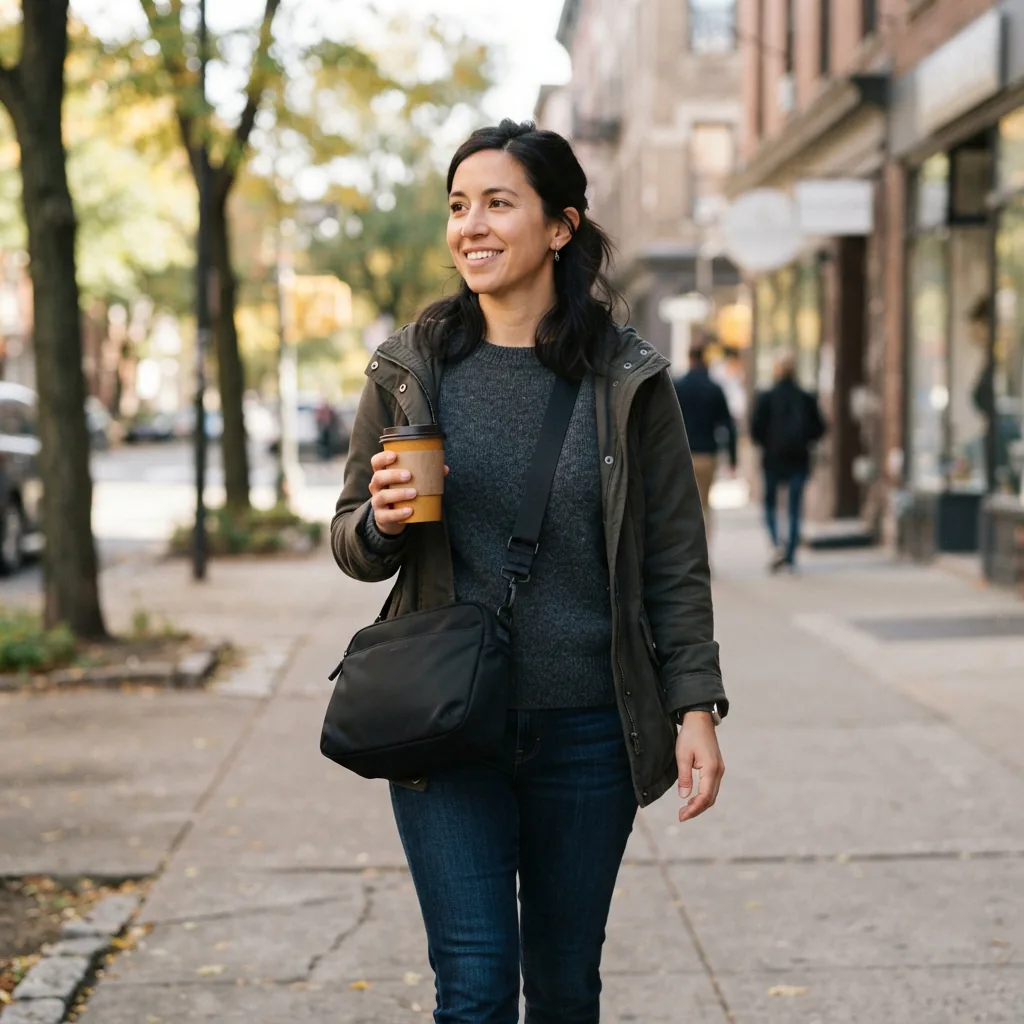 Adult commuter in a black crossbody bag walking along a city sidewalk with a coffee cup in hand.