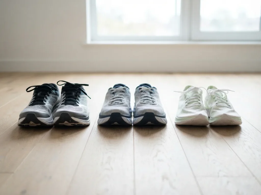 Three unbranded running shoes of different builds lined up on a pale wooden floor