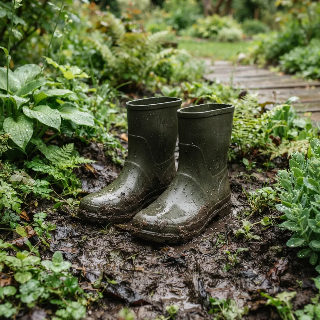 Rain boots standing in a muddy garden bed with wet soil