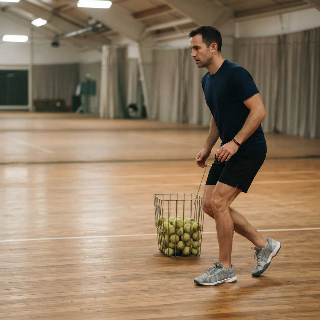 Adult tennis player in court shoes running a footwork drill beside a basket of balls