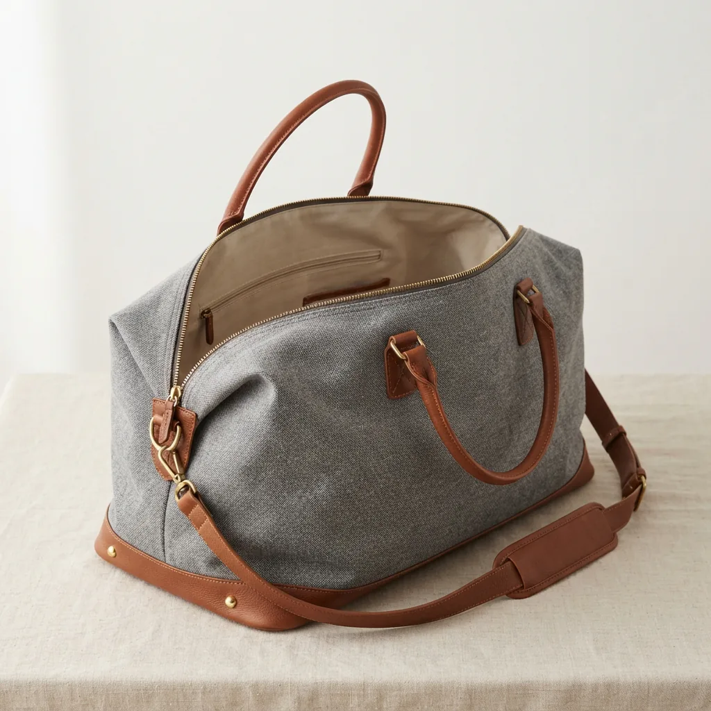 Soft oversized weekender bag with dual handles and a wide zip opening on a light studio surface