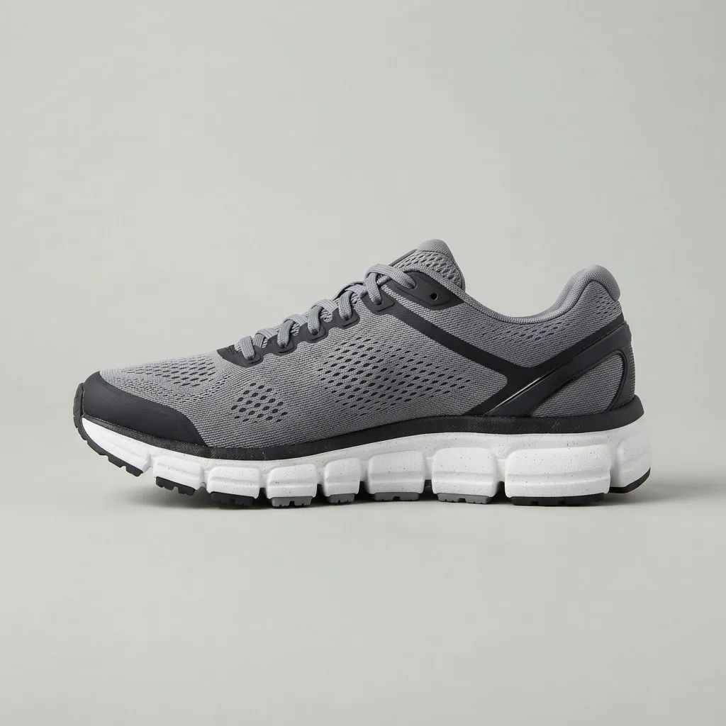 Men's grey and black cushioned running shoe photographed in profile on a light studio surface