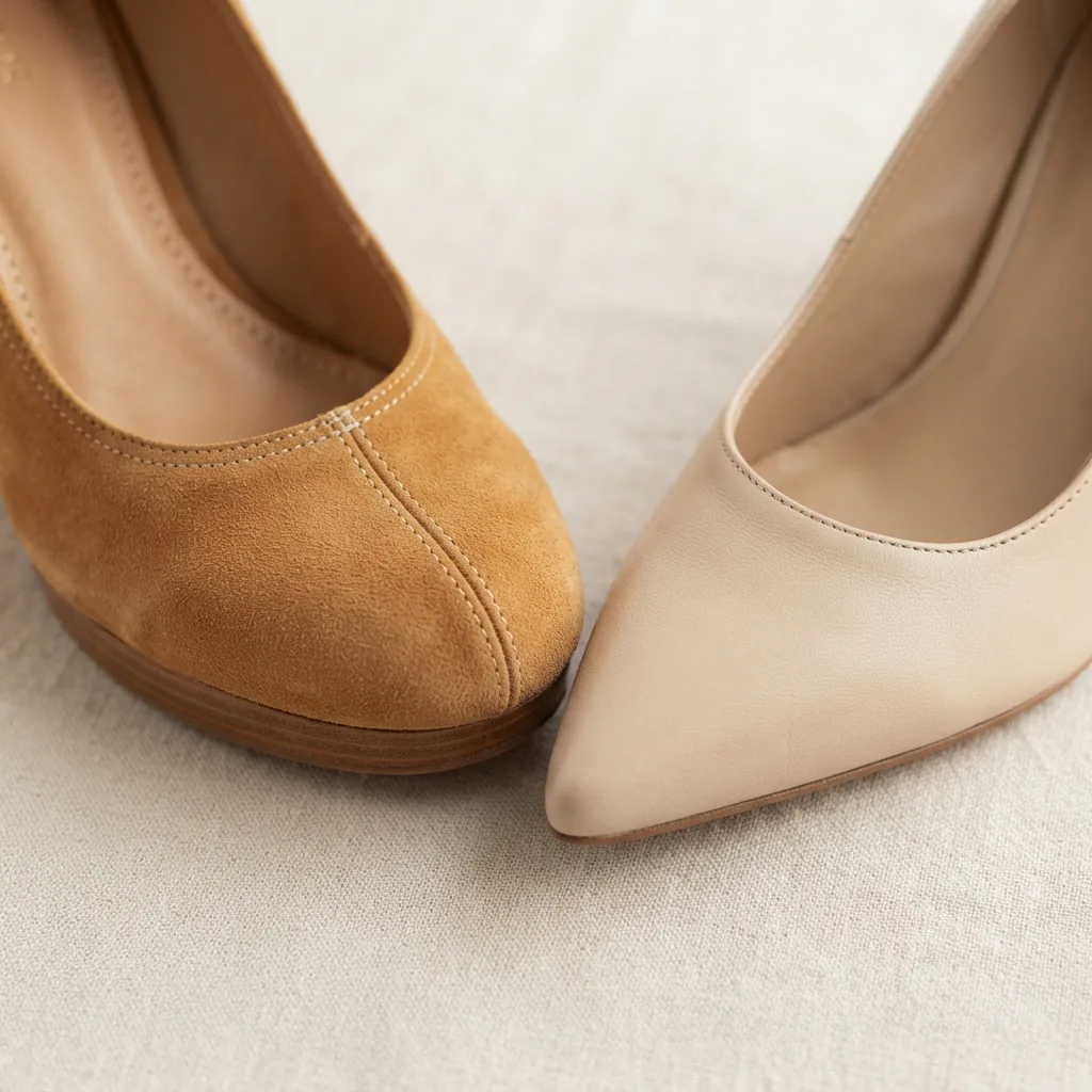 Close view of two wedge shoe toe shapes, one rounded and one pointed, on a neutral surface