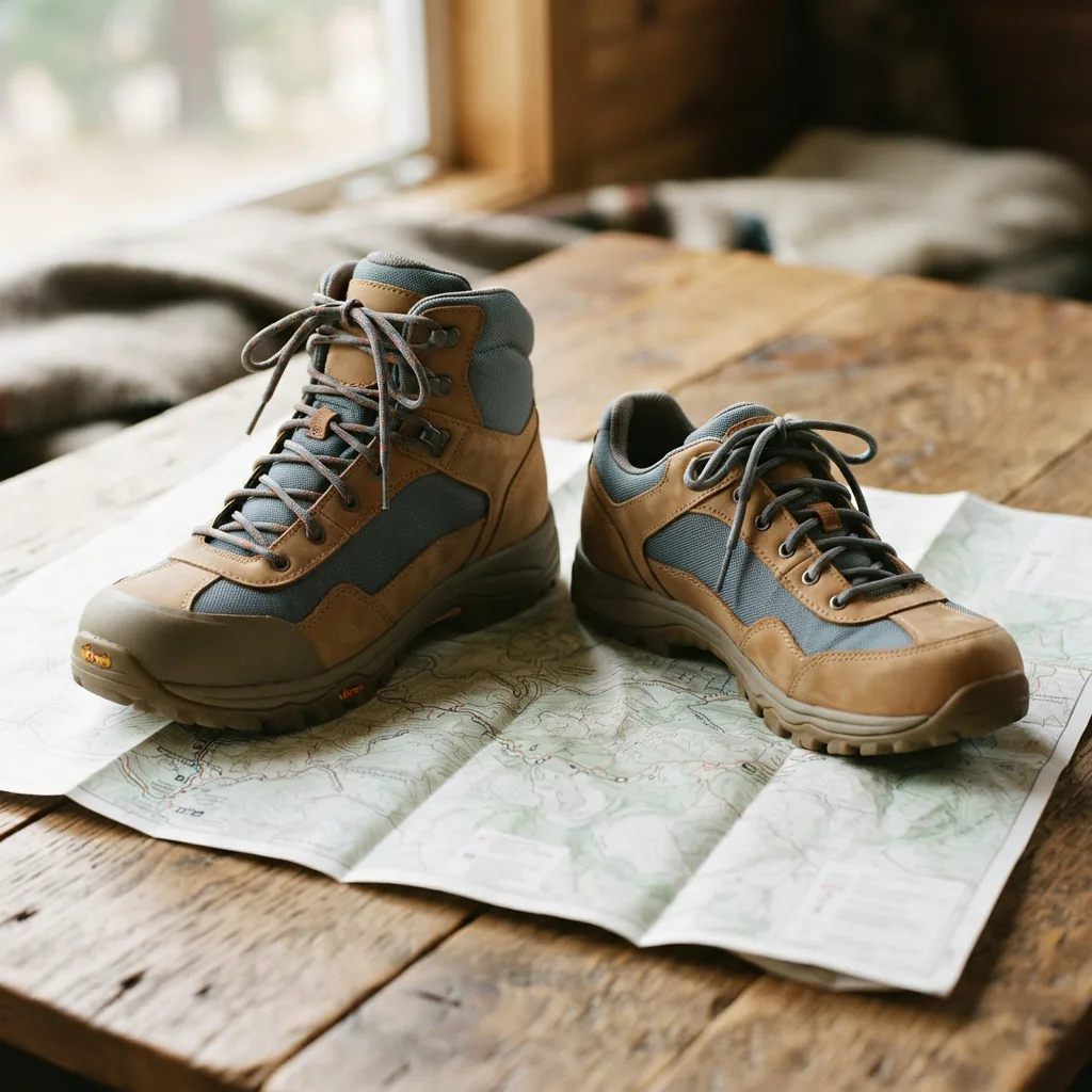 A mid-cut hiking boot and a low-cut hiking boot standing together on a trail map