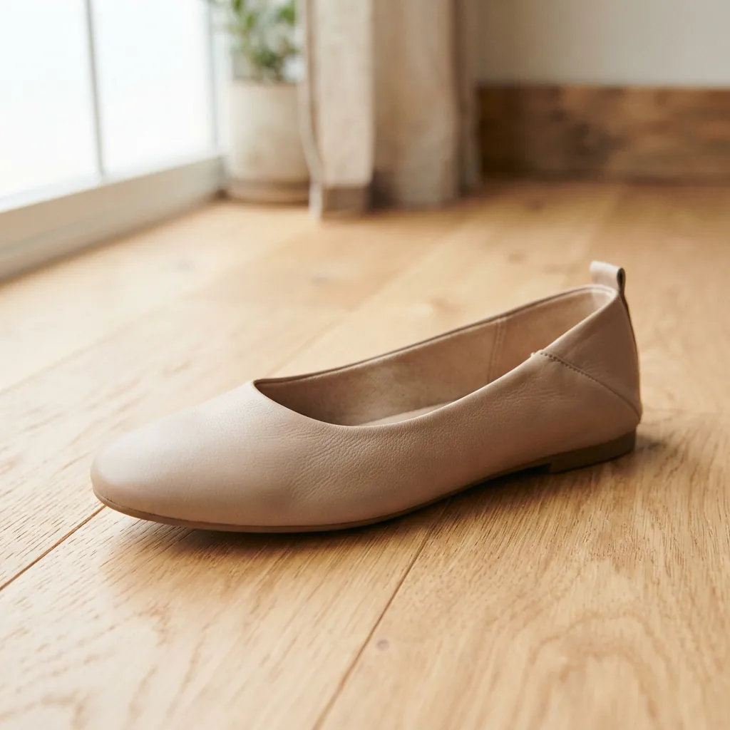 A single soft simple flat in a muted tone resting on a light wooden surface