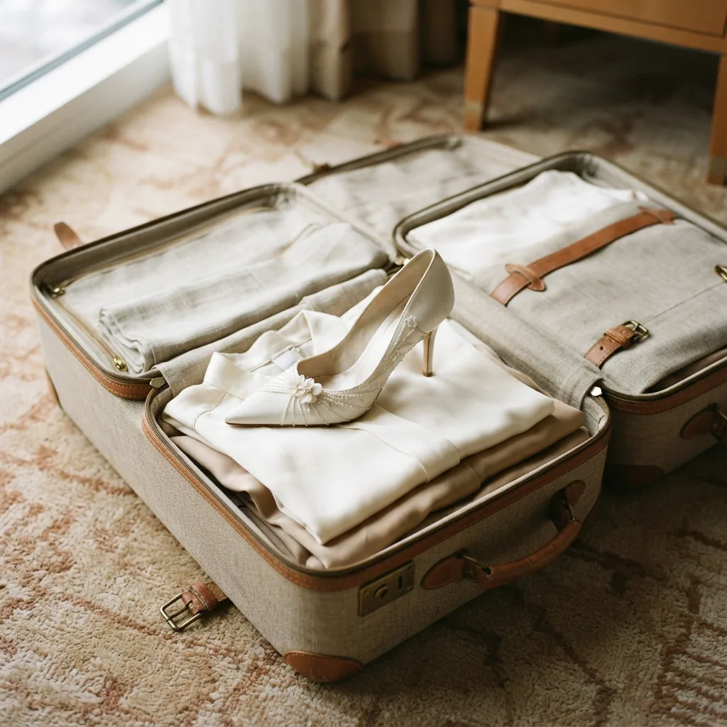 Single wedding shoe resting beside an open suitcase on a hotel room floor