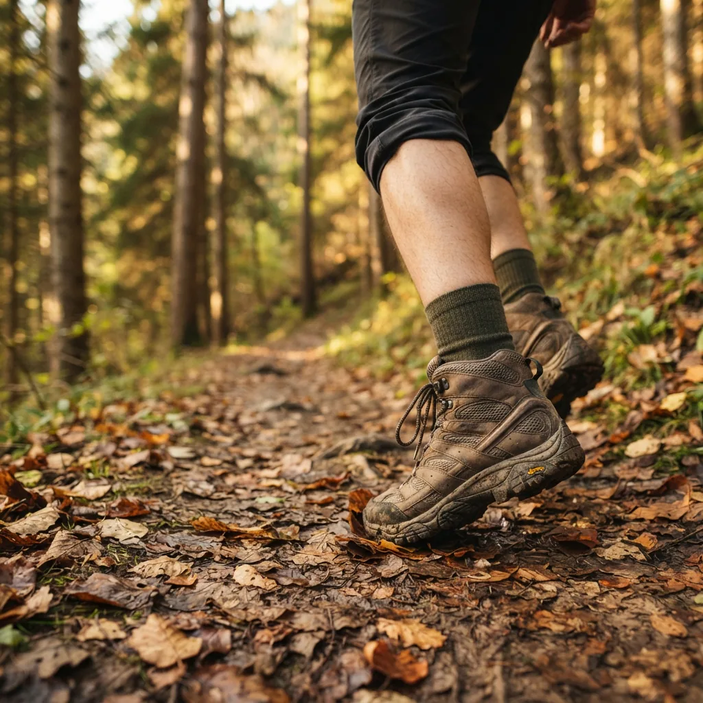 Man's hiking boot on a dirt trail with fallen leaves and blurred pine forest
