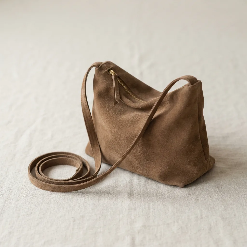 Lightweight casual handbag resting on a neutral surface with its strap loosely coiled