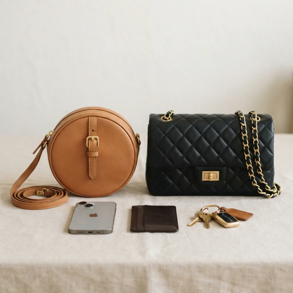 Small round crossbody bag beside a roomy quilted crossbody bag with a phone, card holder and keys arranged between them.