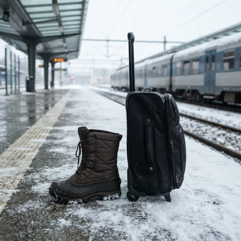 Winter boot next to a rolling suitcase on a snowy platform