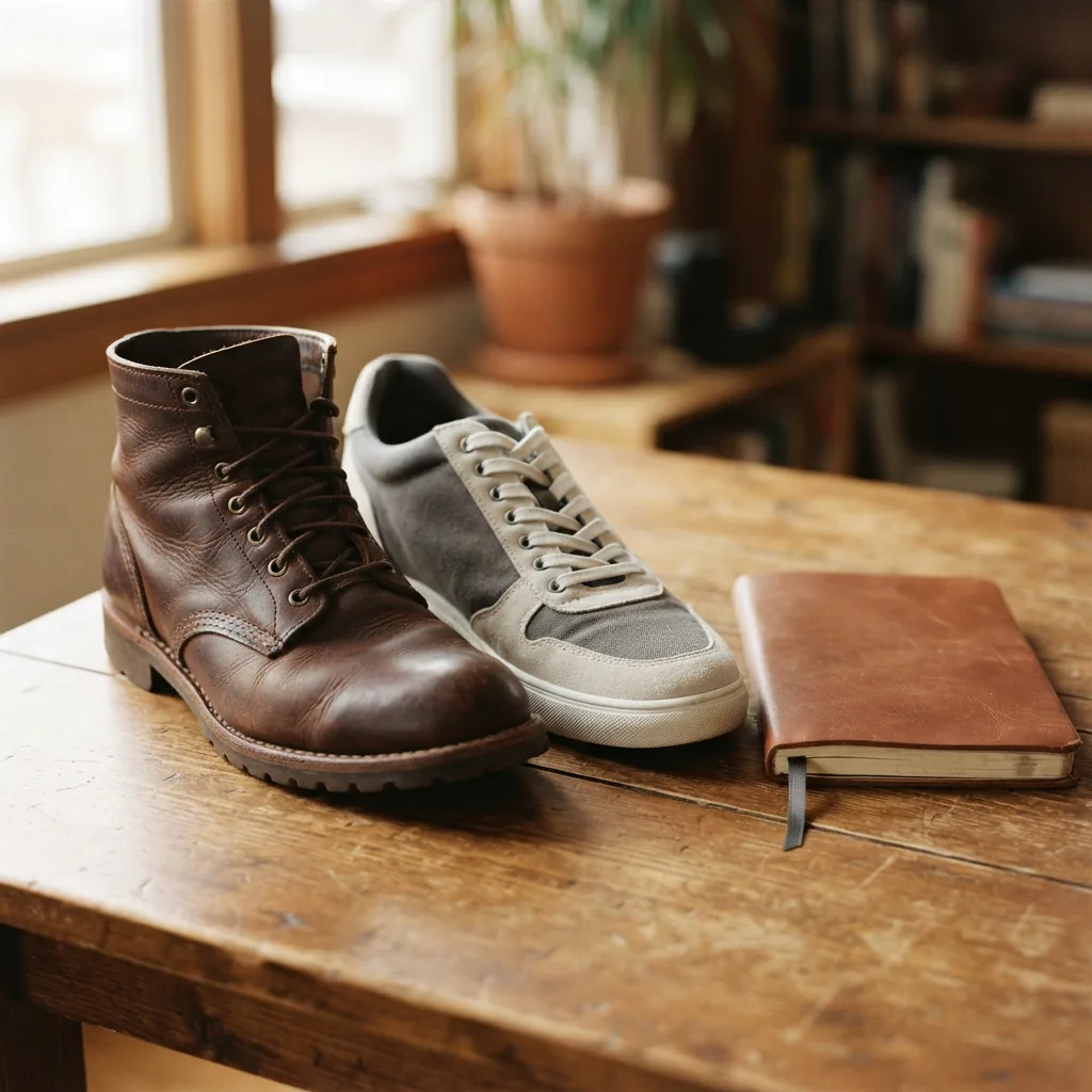 Unbranded men's boot and sneaker arranged beside a closed notebook on a wooden table