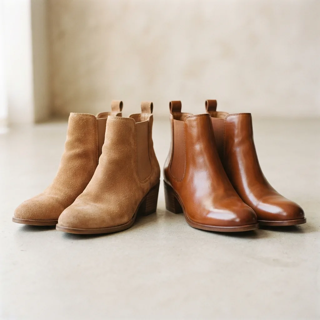 One suede ankle bootie and one smooth leather ankle bootie standing together on a light studio surface