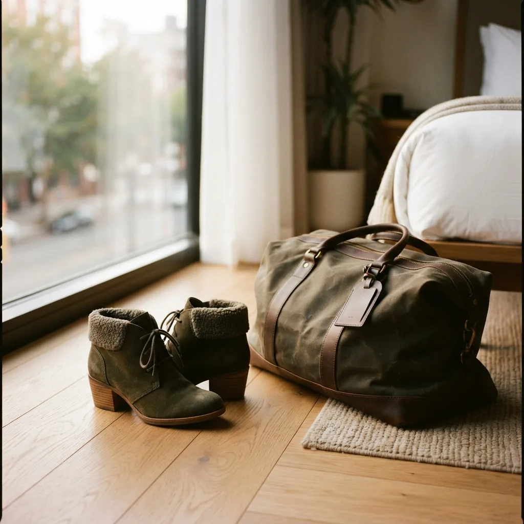 Low women's comfort booties beside a soft weekender bag on a light hotel floor