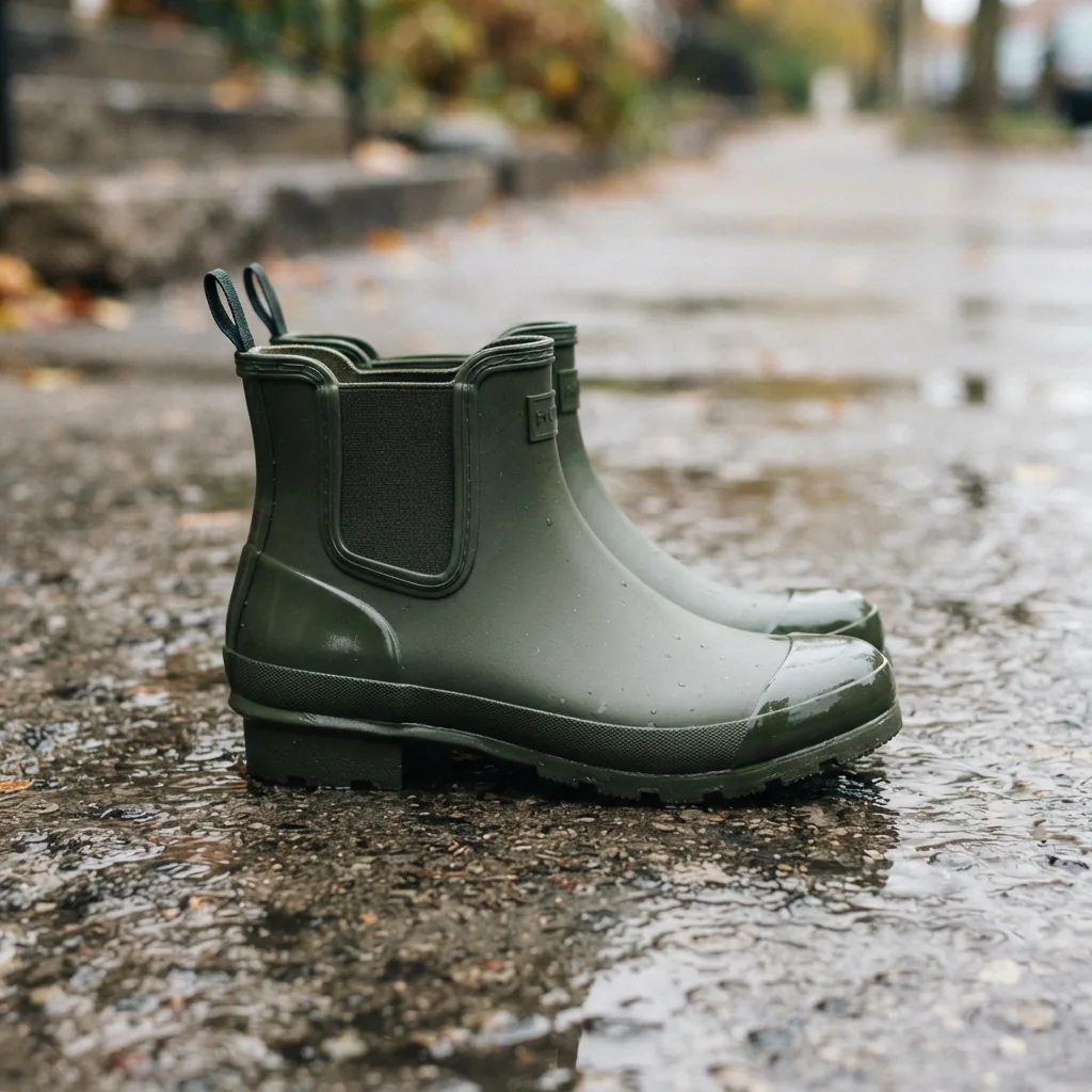 Chelsea rain boots with elastic side panels standing on wet pavement