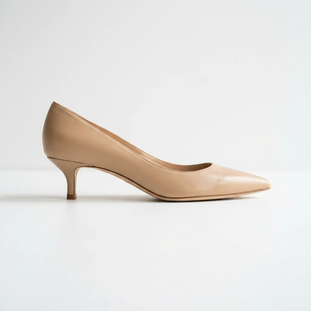 Side profile of a single low kitten heel showing its short heel height
