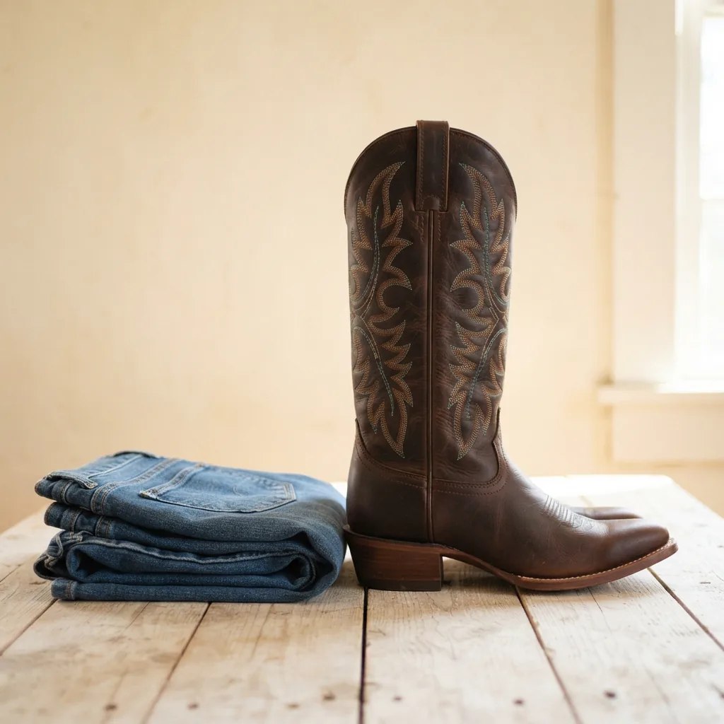 Tall western boot in dark brown leather standing beside a folded pair of jeans