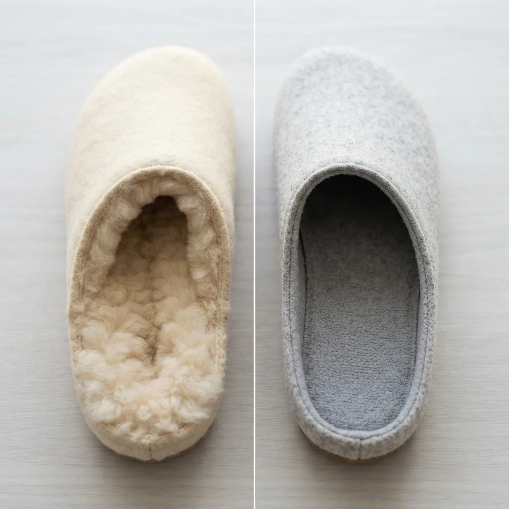 Close comparison of two open slipper linings, one thick and fluffy, one thin and smooth