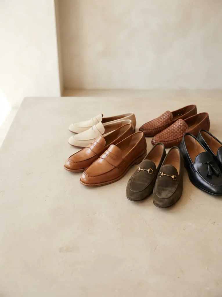 Women's loafers in leather and suede arranged on a pale studio surface