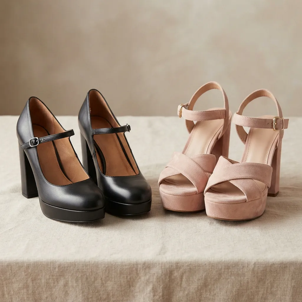 Mary Jane platform shoe strap detail beside an open platform sandal