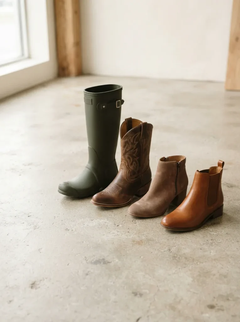 An assortment of women's boots in tall rain, western, and ankle bootie styles arranged on a light studio floor