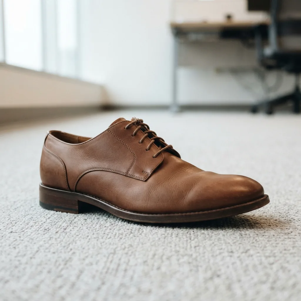 Brown semi-formal dress shoe on a light office-style floor