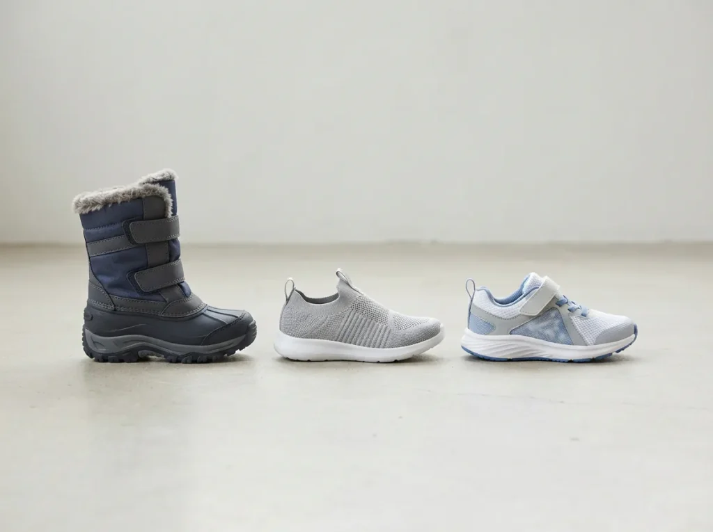 Three children's shoes lined up in a row: a winter boot, a stretch slip-on and a cushioned sneaker